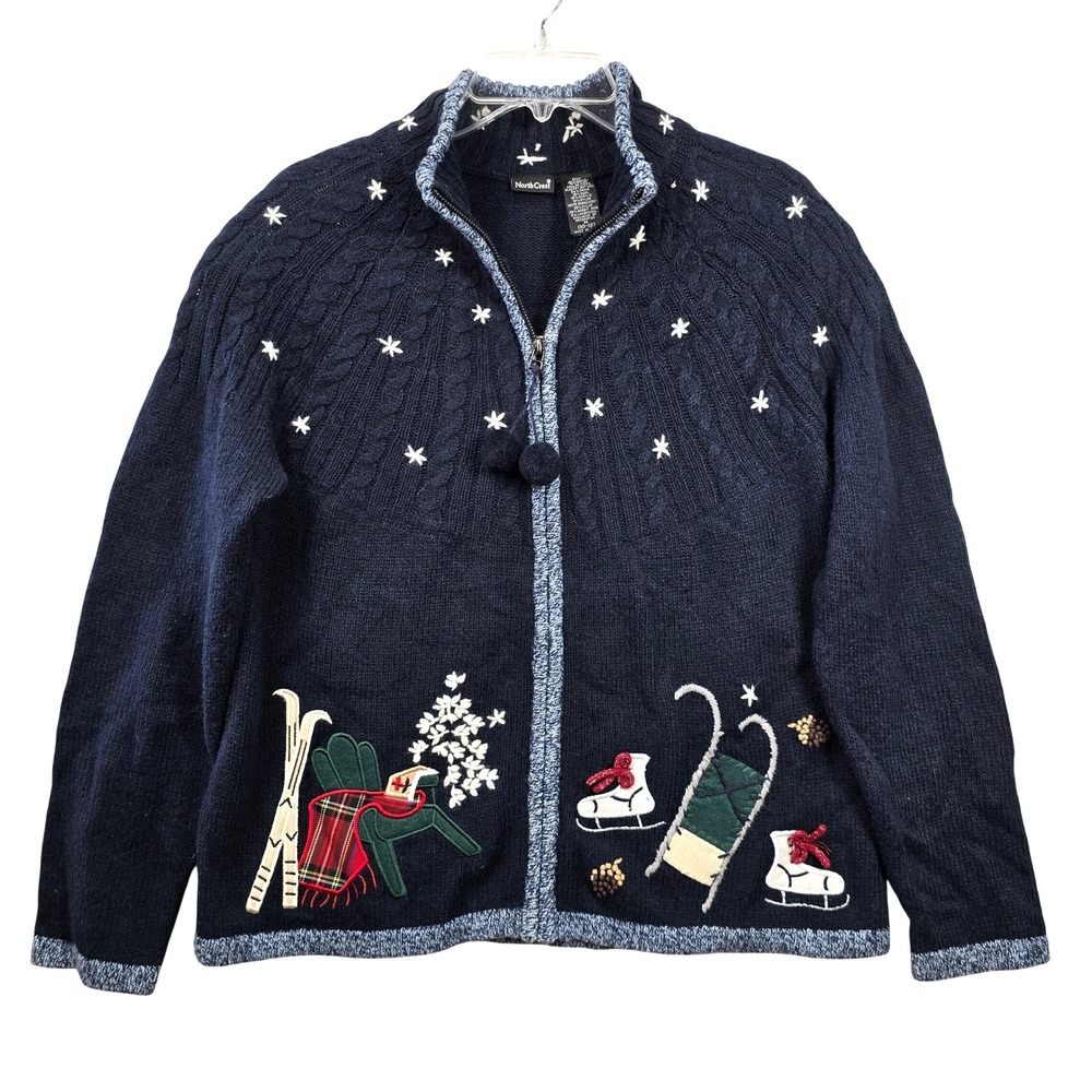 Vintage 90s North Crest Ski Sweater Cardigan M Embroidered Ice Skates Cabin